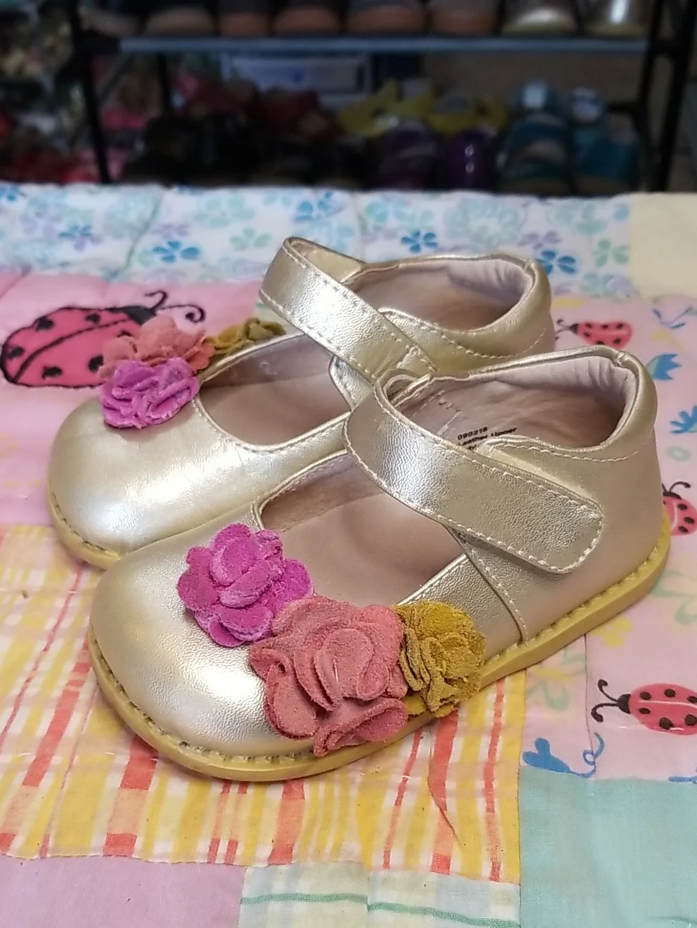 Livie & Luca Metallic Gold Leather Mary Janes w/Pink & Mustard Suede Flowers 6